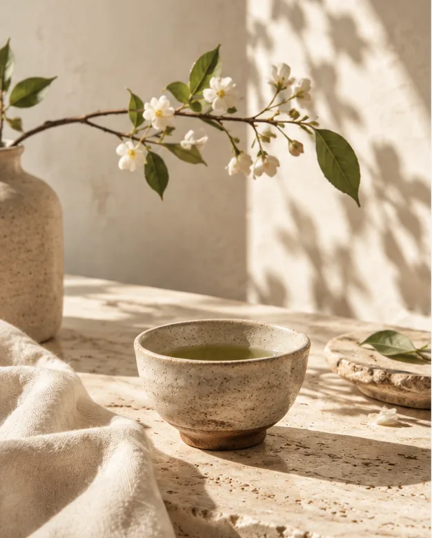 Mesa de piedra travertino con un cuenco de té verde, flores blancas y lino, luz cálida de mañana